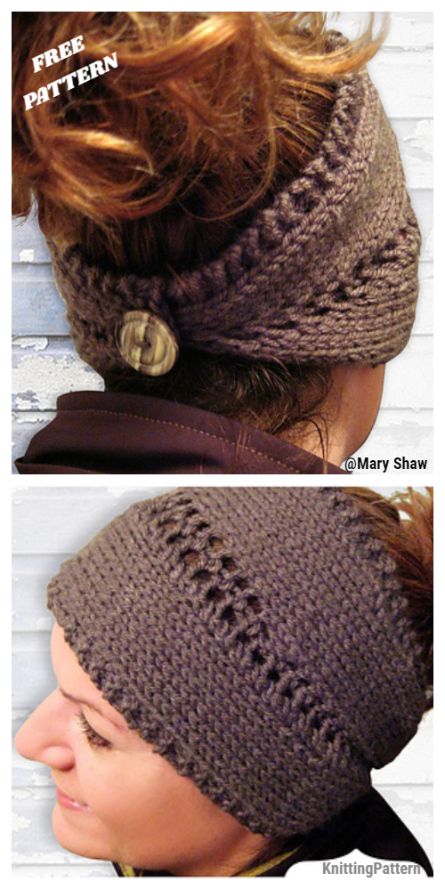 Knit Button Back Center Row Lace Headband Free Knitting Pattern
