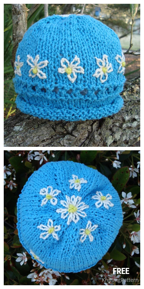 Knit Daisy Flower Beanie Hat Free Knitting Pattern