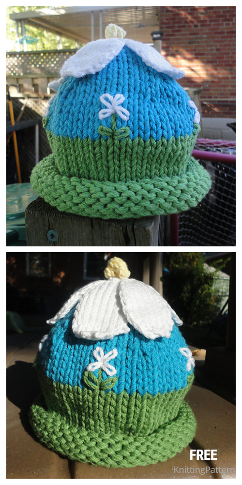 Knit Daisy Flower Top Beanie Hat Free Knitting Pattern