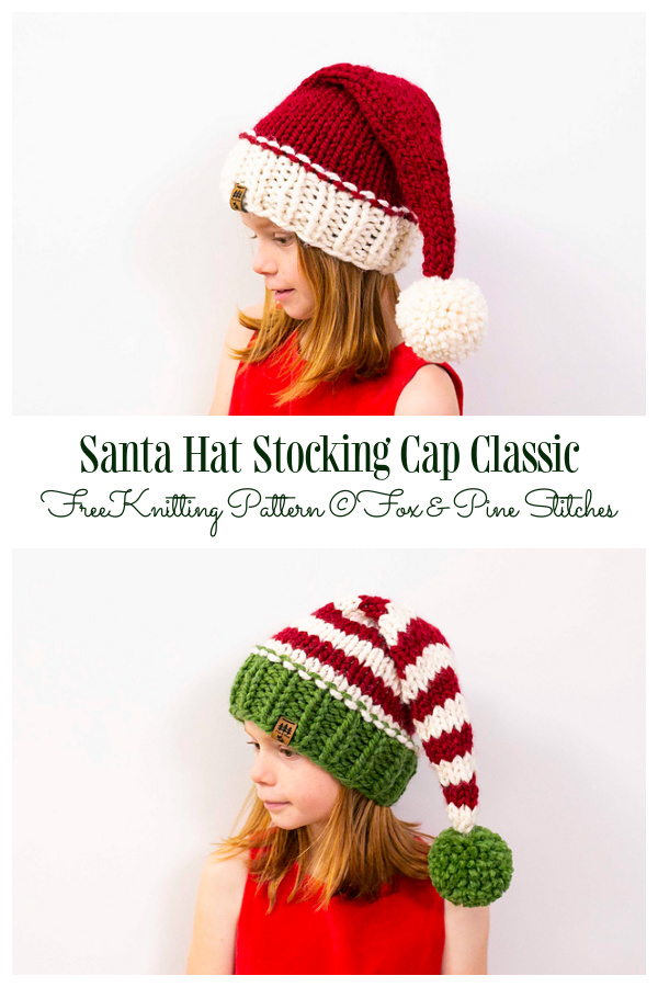 Santa Hat Stocking Cap Classic + Elf Hat  Free Knitting Patterns