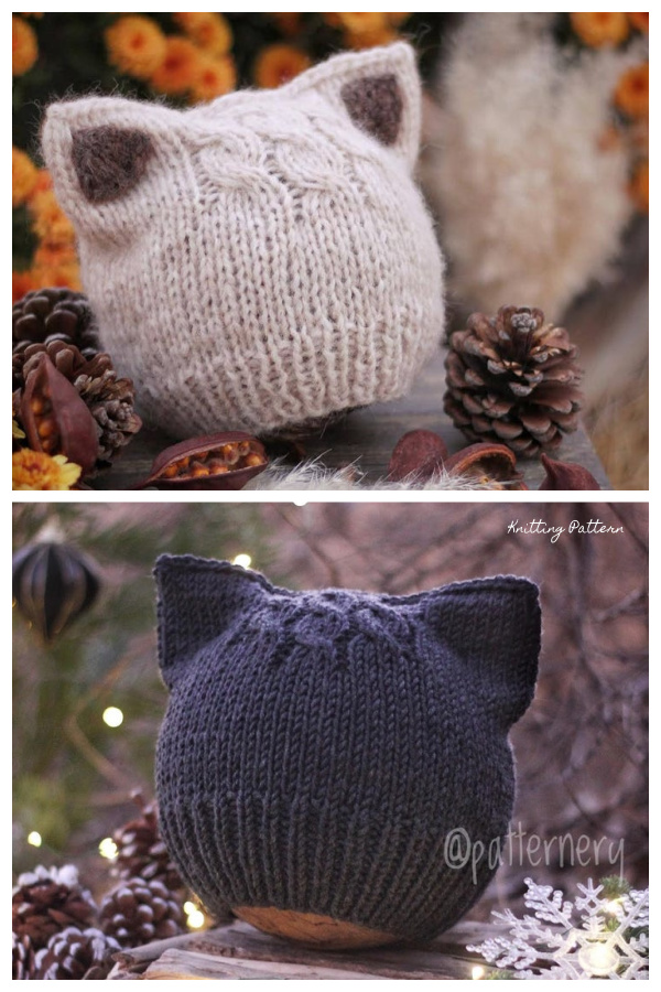 Simple Kitten or Fox Ears Beanie Knitting Patterns