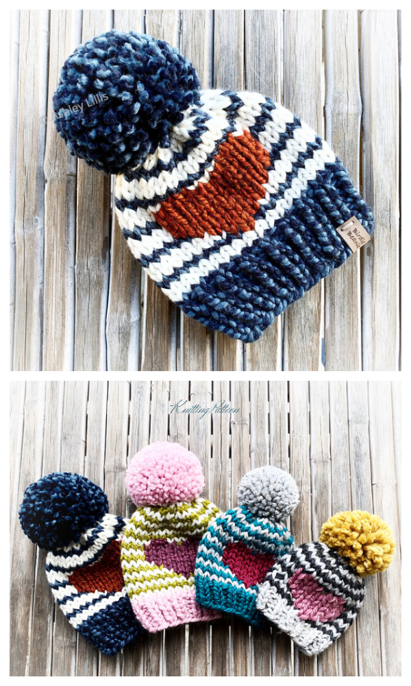 Knit Valentine Hearts And Stripes Pompom Hat Knitting Pattern