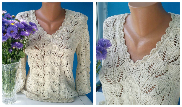 Knit Women Leaf Pullover Sweater Free Knitting Pattern