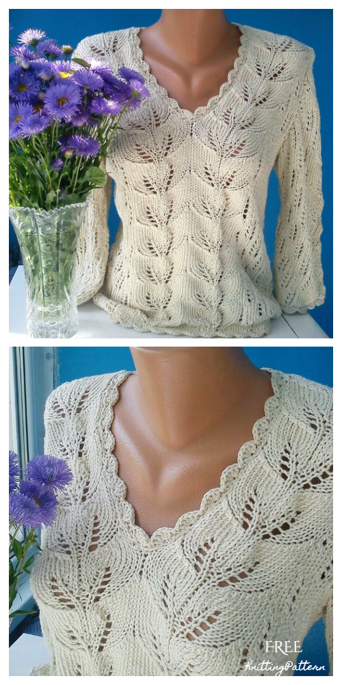Knit Women Leaf Pullover Sweater Free Knitting Pattern