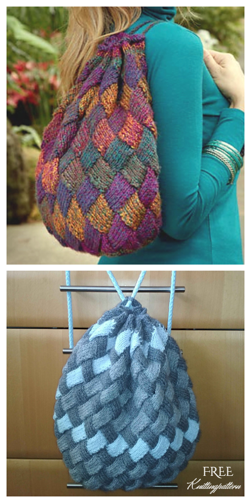 Drawstring Patchwork Backpack Free Knitting Pattern