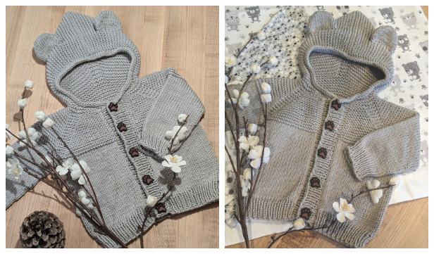Hooded Baby Teddy Bear Cardigan Free Knitting Pattern