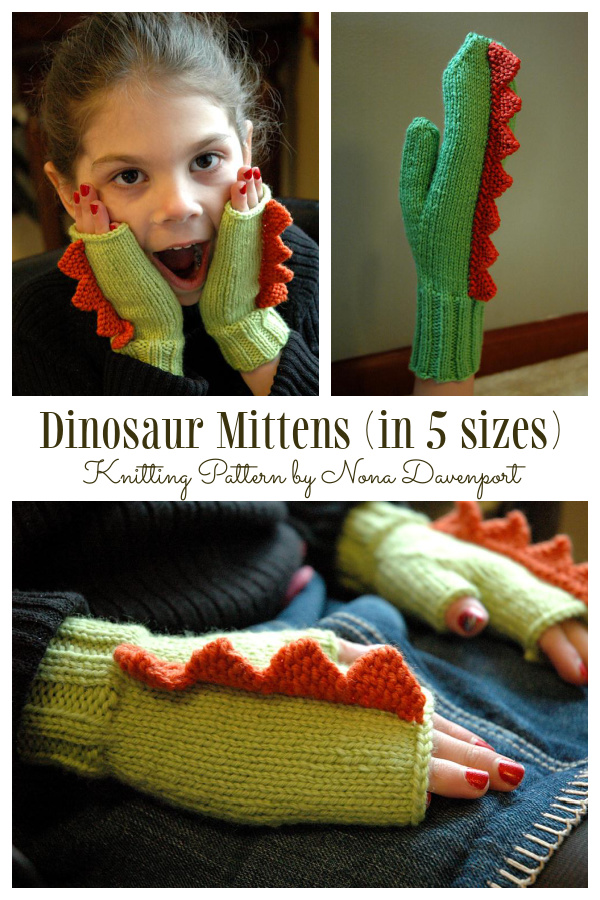 Dinosaur Mittens (in 5 sizes)  Knitting Pattern