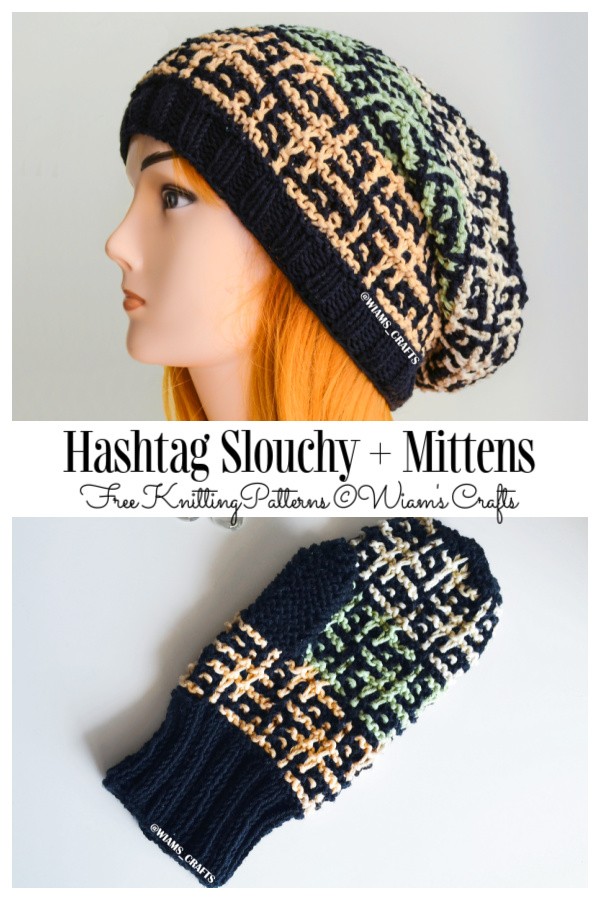 Hashtag Slouchy Hat & Mittens Free Knitting Patterns