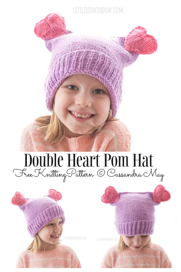 Knit Double Heart Pom Hat Free Knitting Pattern