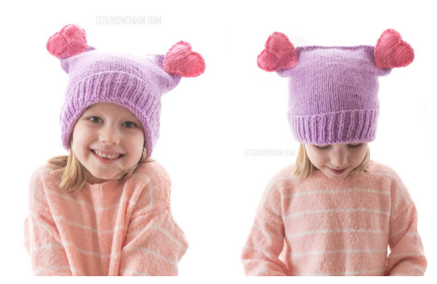 Knit Double Heart Pom Hat Free Knitting Pattern
