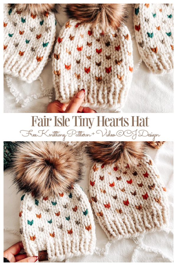 Fair Isle Tiny Hearts Hat Free Knitting Pattern + Video