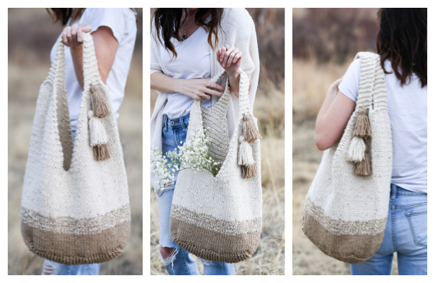 free knitted slouch bag,  is from the pattern Fabric Lover's Slouch Bag  by Seams and Dreams