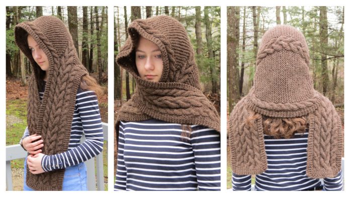 Rustic Cables Hooded Scarf Free Knitting Pattern